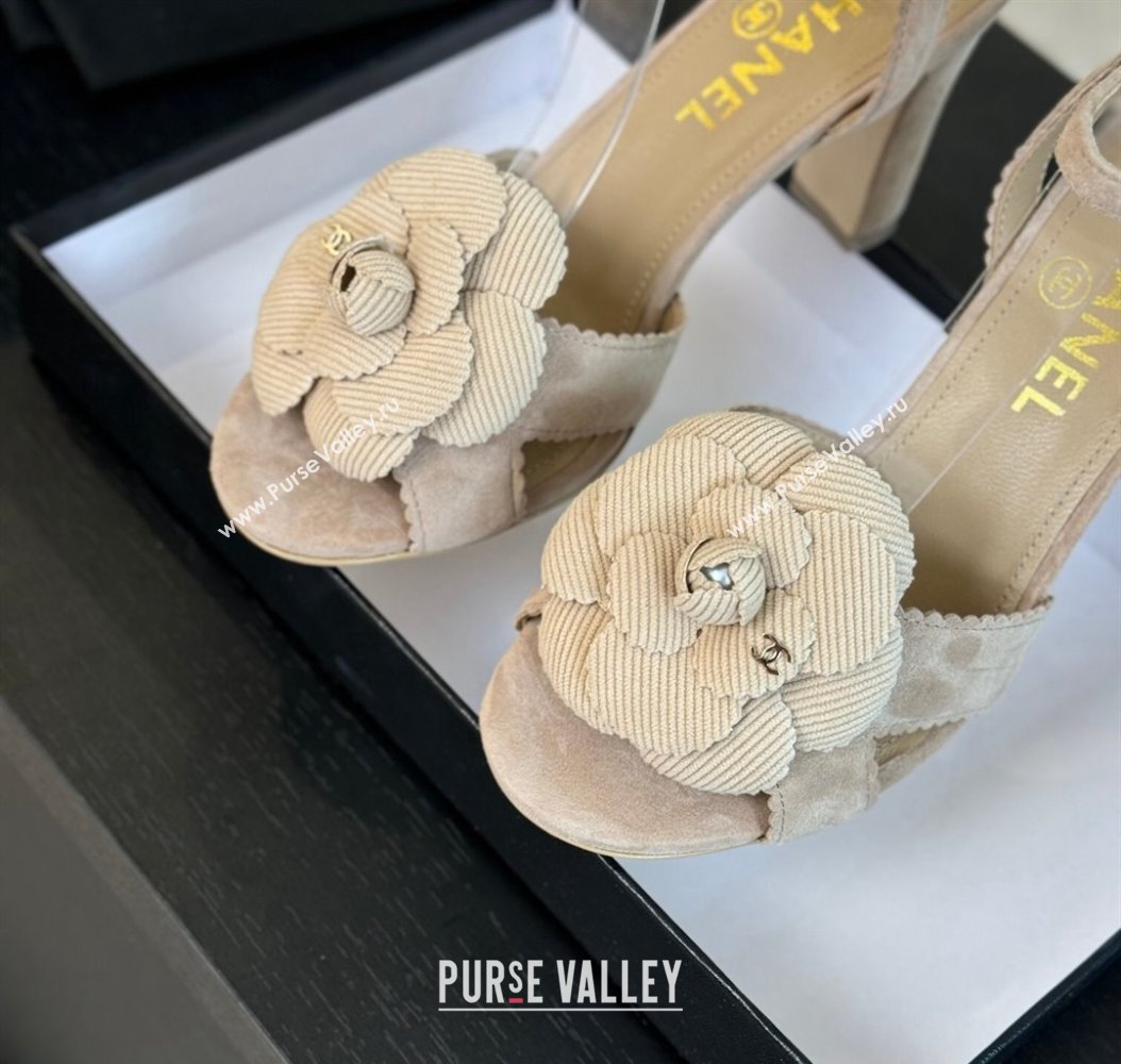 Chanel Suede Heel Sandals 8cm with Camellia Bloom Beige 2024 G45927 (SS-241121033)