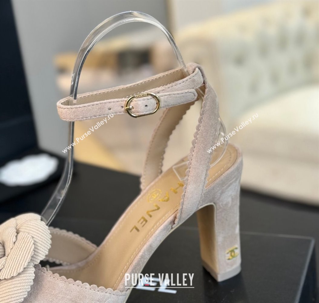 Chanel Suede Heel Sandals 8cm with Camellia Bloom Beige 2024 G45927 (SS-241121033)