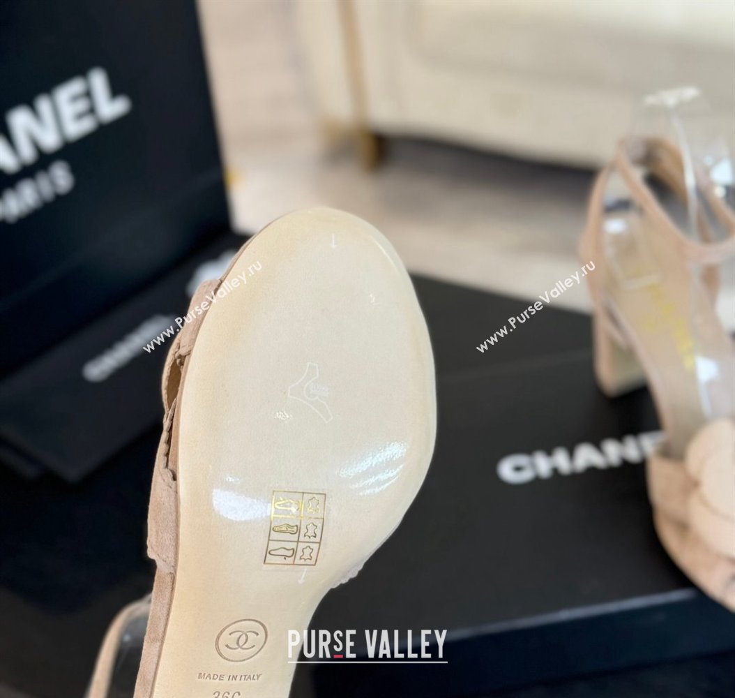 Chanel Suede Heel Sandals 8cm with Camellia Bloom Beige 2024 G45927 (SS-241121033)