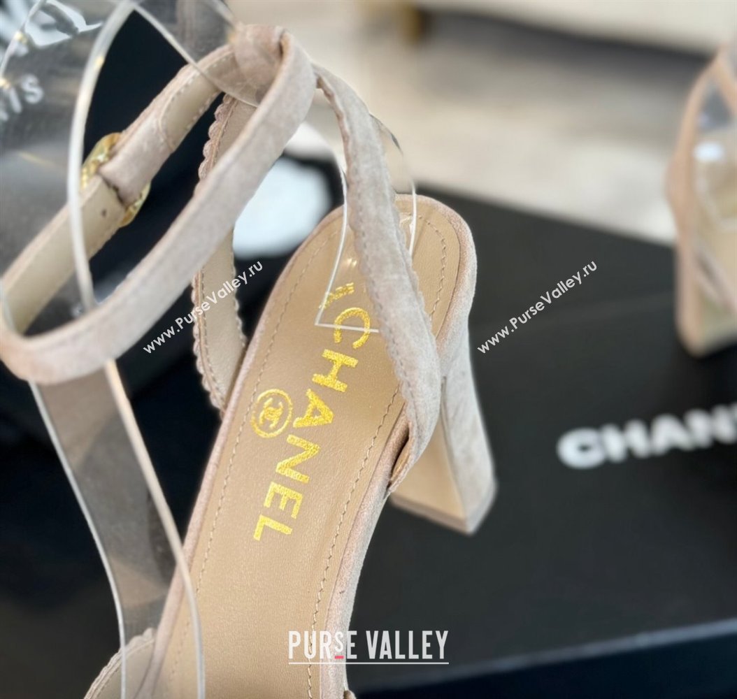 Chanel Suede Heel Sandals 8cm with Camellia Bloom Beige 2024 G45927 (SS-241121033)