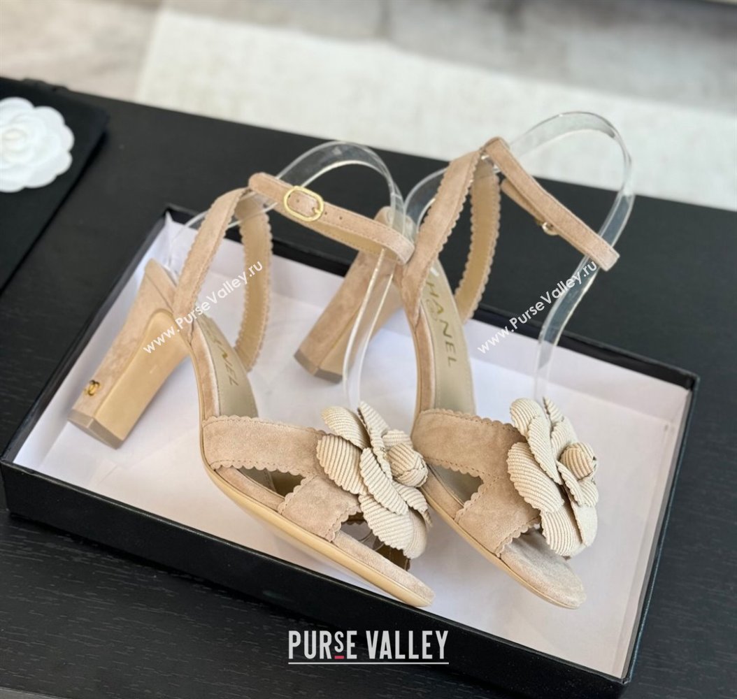 Chanel Suede Heel Sandals 8cm with Camellia Bloom Beige 2024 G45927 (SS-241121033)