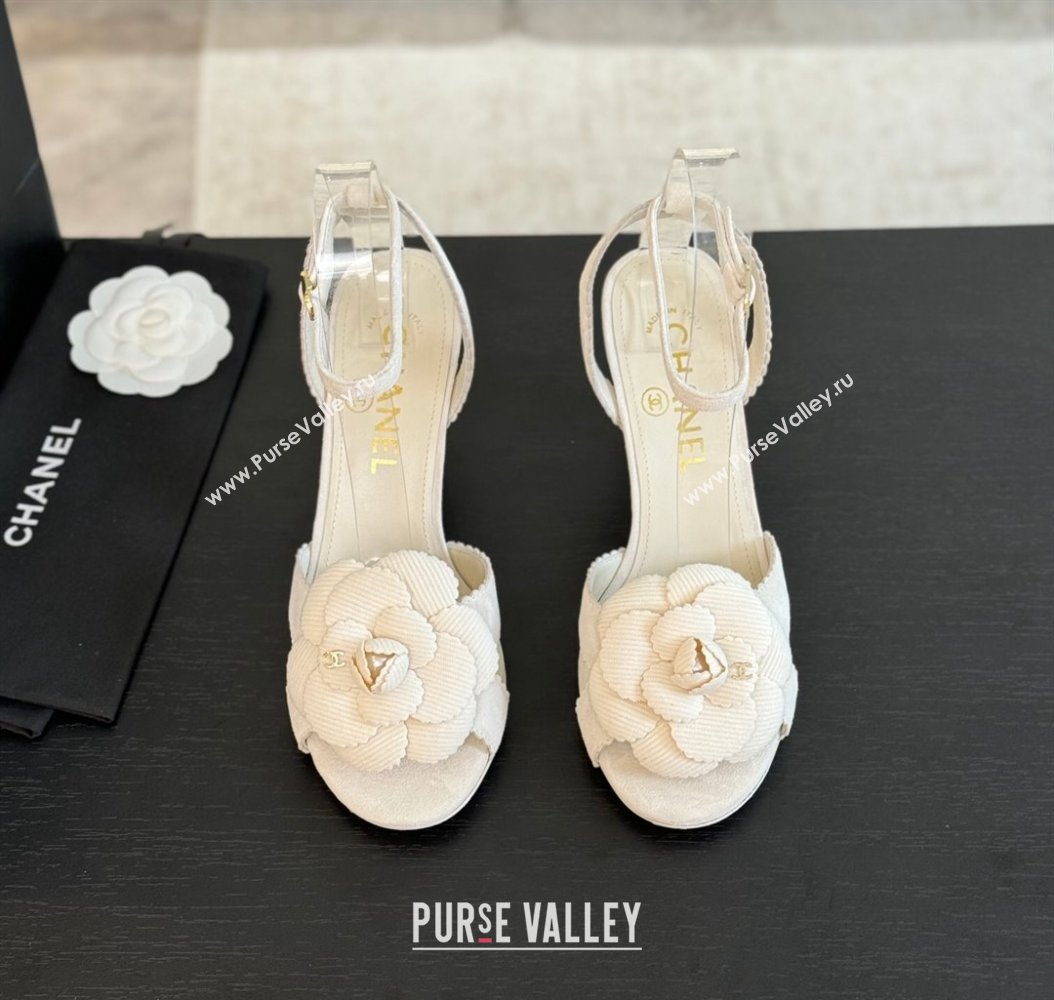 Chanel Suede Heel Sandals 8cm with Camellia Bloom White 2024 G45927 (SS-241121034)