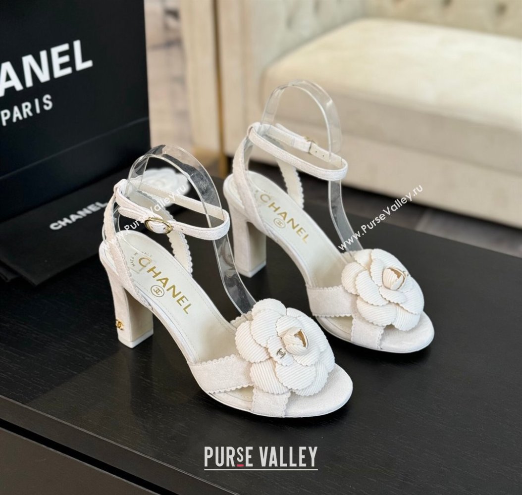 Chanel Suede Heel Sandals 8cm with Camellia Bloom White 2024 G45927 (SS-241121034)