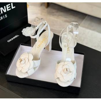 Chanel Suede Heel Sandals 8cm with Camellia Bloom White 2024 G45927 (SS-241121034)