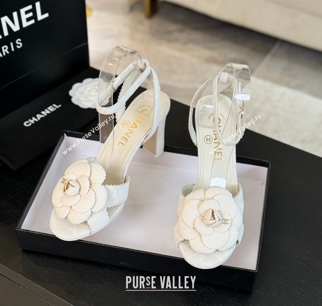 Chanel Suede Heel Sandals 8cm with Camellia Bloom White 2024 G45927 (SS-241121034)