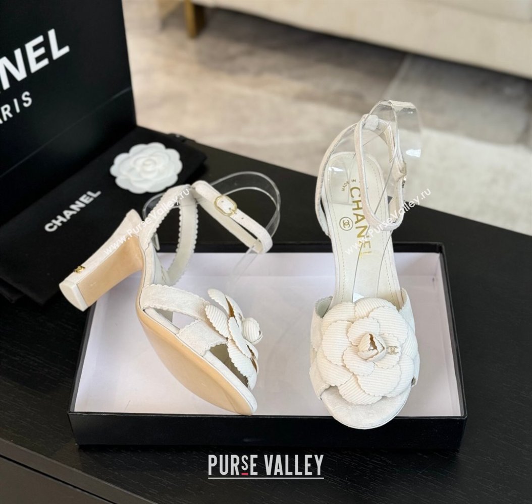 Chanel Suede Heel Sandals 8cm with Camellia Bloom White 2024 G45927 (SS-241121034)