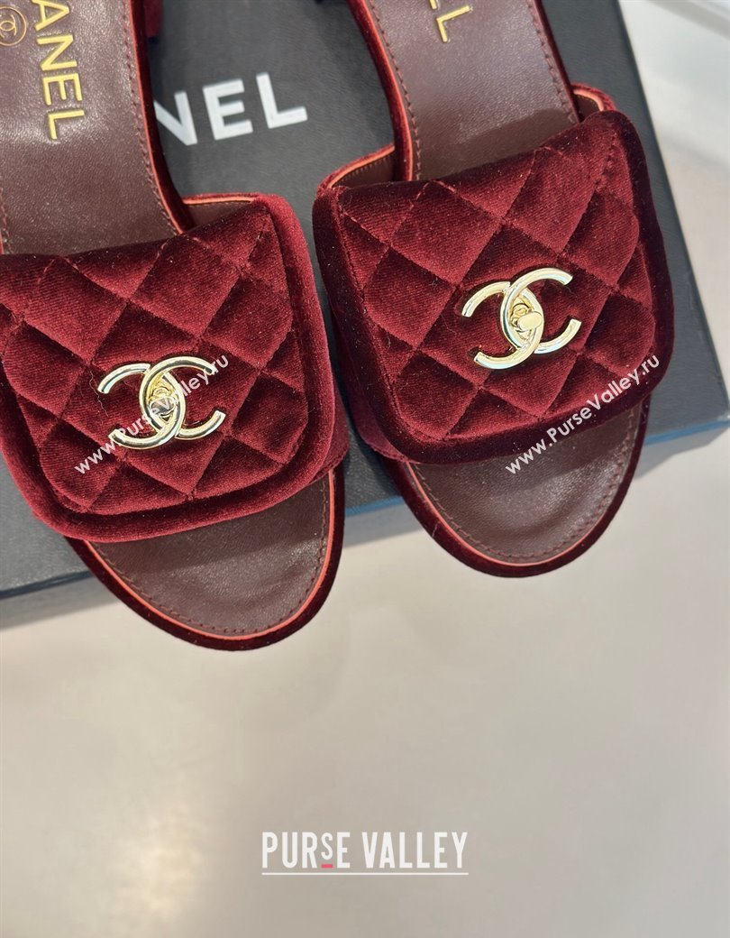 Chanel Velvet Heel Slides Sandal 5cm with Quilted CC Foldover G45474 Burgundy 2024 (MD-241120079)