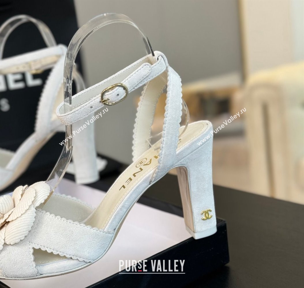 Chanel Suede Heel Sandals 8cm with Camellia Bloom White 2024 G45927 (SS-241121034)