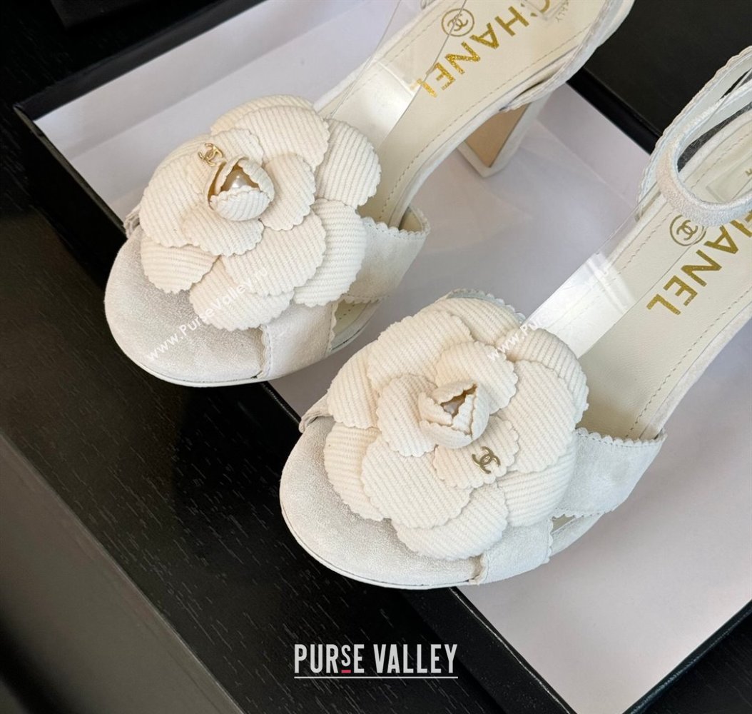 Chanel Suede Heel Sandals 8cm with Camellia Bloom White 2024 G45927 (SS-241121034)