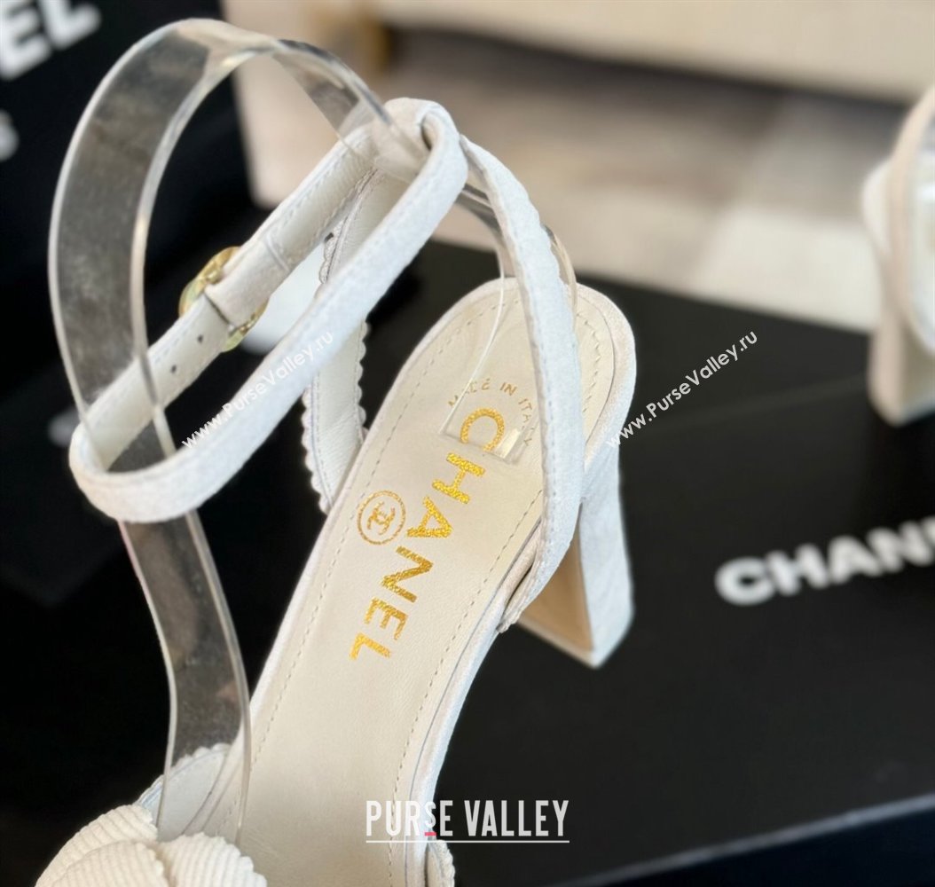 Chanel Suede Heel Sandals 8cm with Camellia Bloom White 2024 G45927 (SS-241121034)