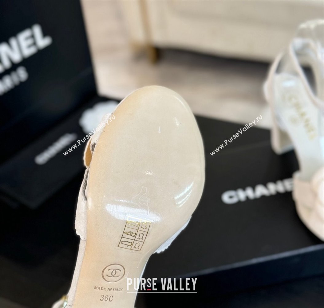 Chanel Suede Heel Sandals 8cm with Camellia Bloom White 2024 G45927 (SS-241121034)