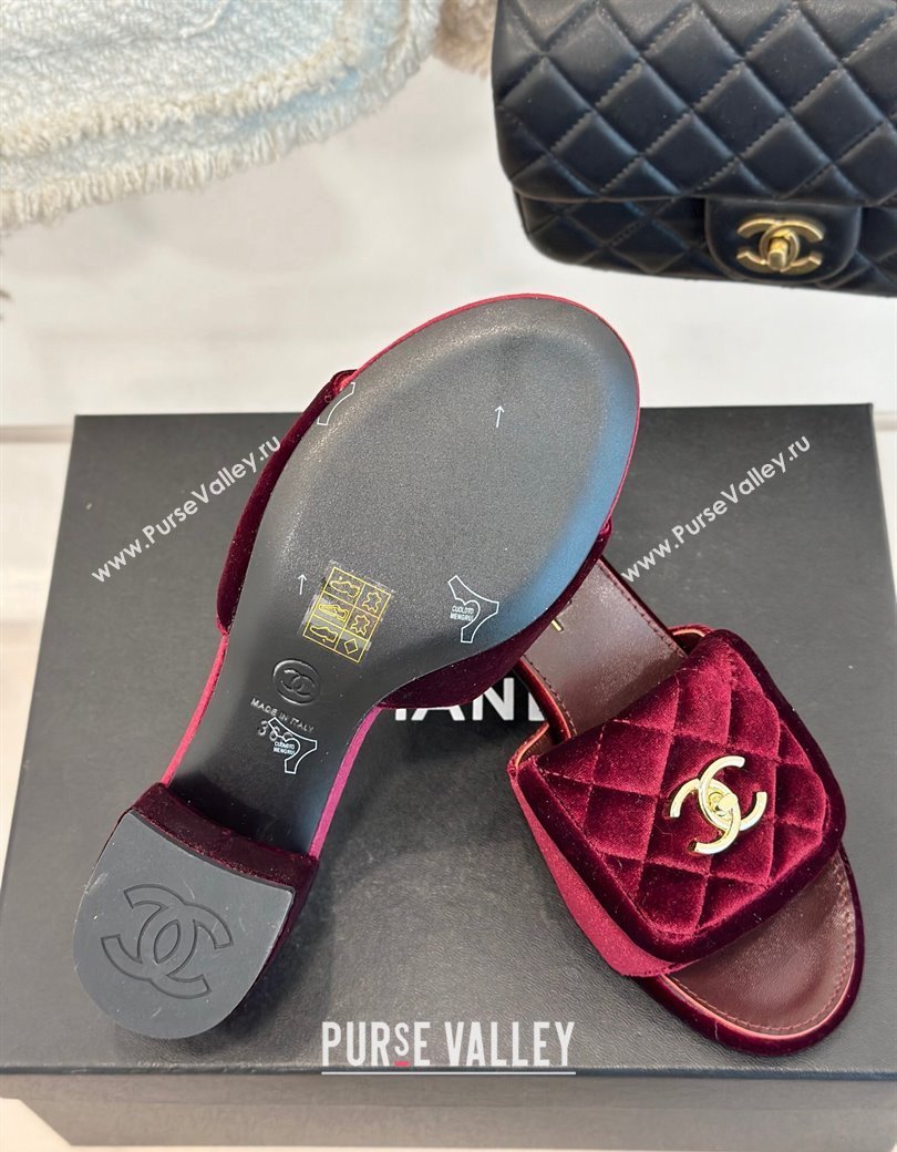 Chanel Velvet Heel Slides Sandal 5cm with Quilted CC Foldover G45474 Burgundy 2024 (MD-241120079)