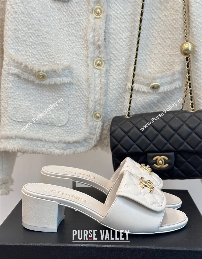 Chanel Lambskin Heel Slides Sandal 5cm with Quilted CC Foldover G45474 White 2024 (MD-241120080)