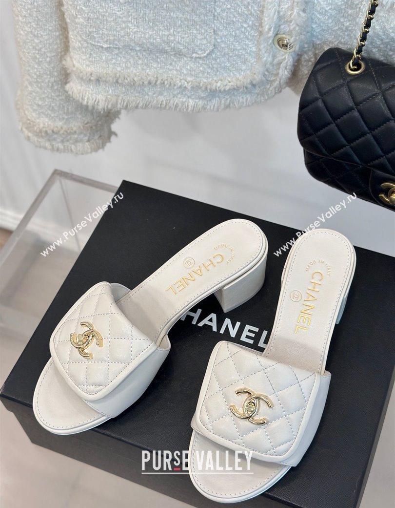 Chanel Lambskin Heel Slides Sandal 5cm with Quilted CC Foldover G45474 White 2024 (MD-241120080)