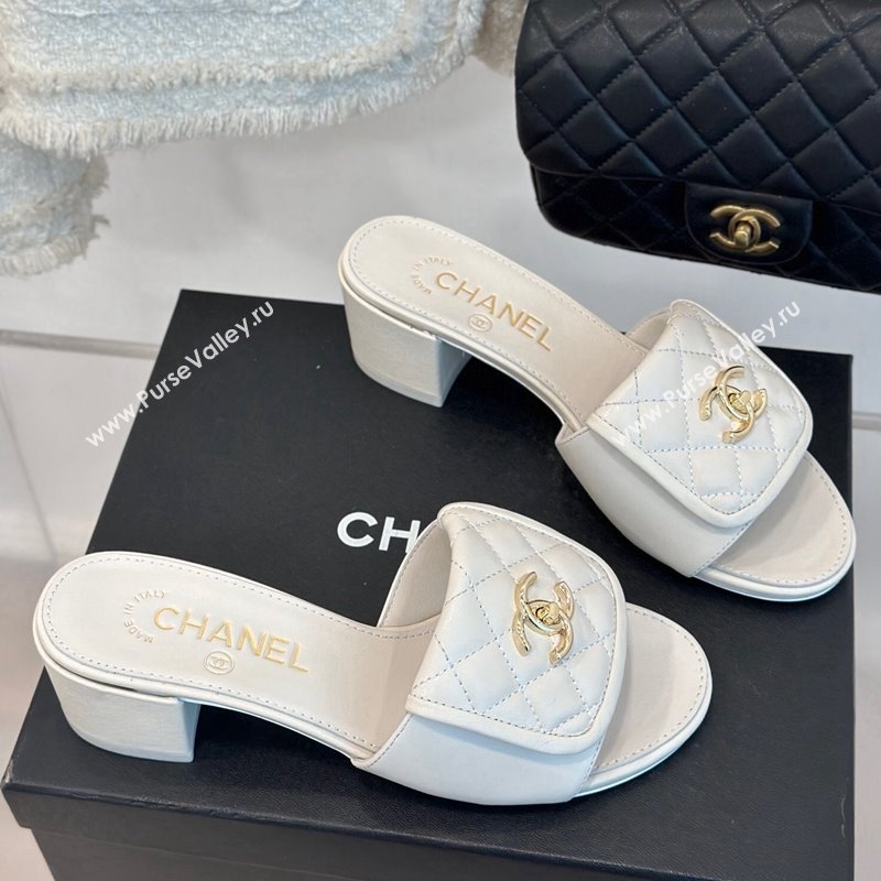 Chanel Lambskin Heel Slides Sandal 5cm with Quilted CC Foldover G45474 White 2024 (MD-241120080)