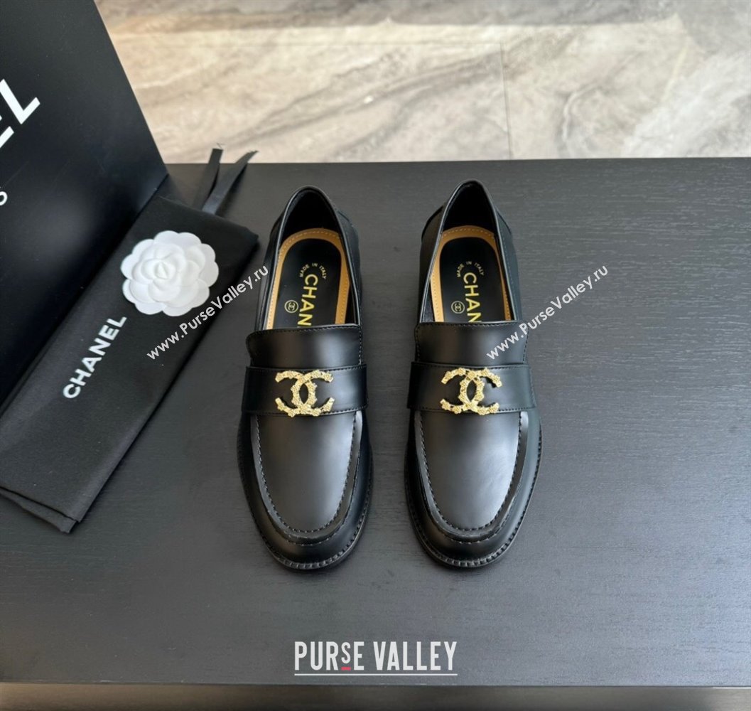 Chanel Shiny Calfskin Loafers with Camellia CC G45663 Black 2024 (SS-2411120032)