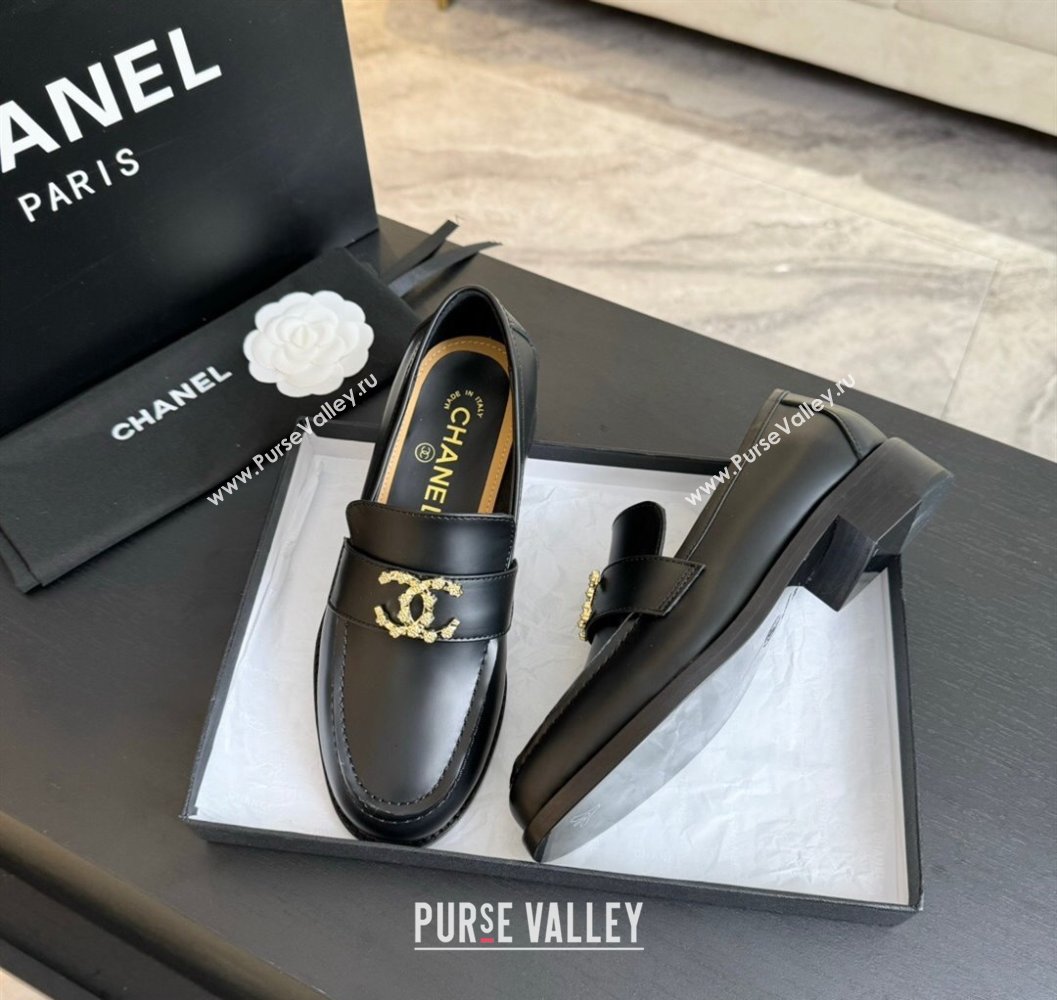 Chanel Shiny Calfskin Loafers with Camellia CC G45663 Black 2024 (SS-2411120032)