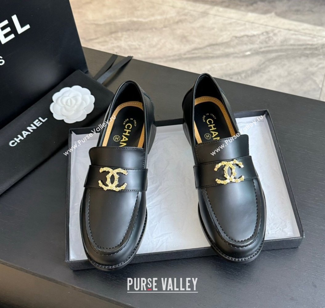 Chanel Shiny Calfskin Loafers with Camellia CC G45663 Black 2024 (SS-2411120032)