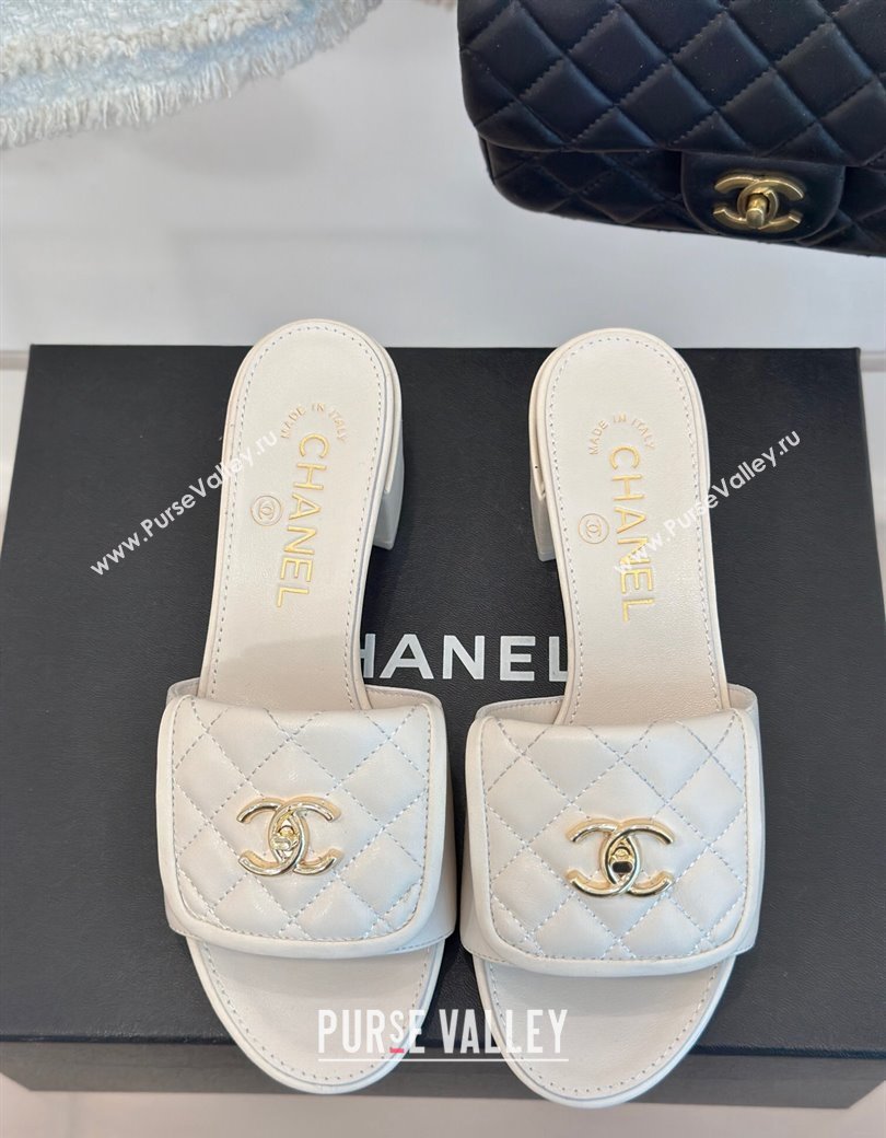 Chanel Lambskin Heel Slides Sandal 5cm with Quilted CC Foldover G45474 White 2024 (MD-241120080)