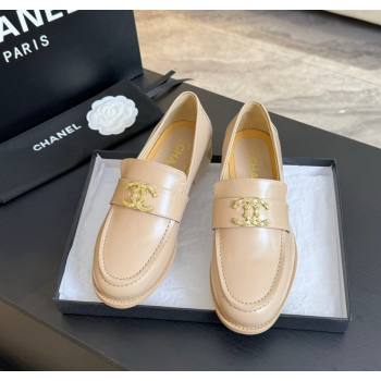 Chanel Shiny Calfskin Loafers with Camellia CC G45663 Light Beige 2024 (SS-2411120033)