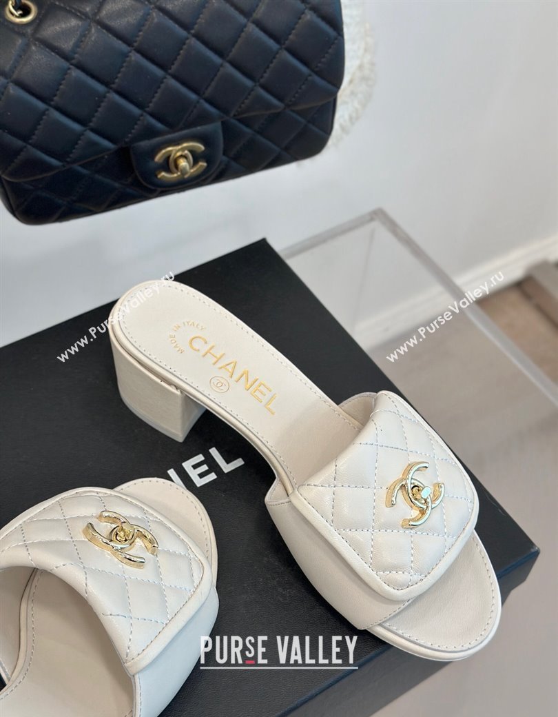 Chanel Lambskin Heel Slides Sandal 5cm with Quilted CC Foldover G45474 White 2024 (MD-241120080)