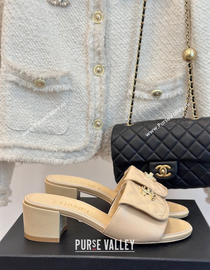 Chanel Lambskin Heel Slides Sandal 5cm with Quilted CC Foldover G45474 Beige 2024 (MD-241120081)