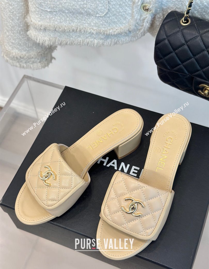 Chanel Lambskin Heel Slides Sandal 5cm with Quilted CC Foldover G45474 Beige 2024 (MD-241120081)