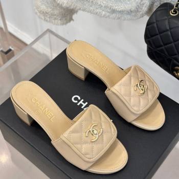 Chanel Lambskin Heel Slides Sandal 5cm with Quilted CC Foldover G45474 Beige 2024 (MD-241120081)