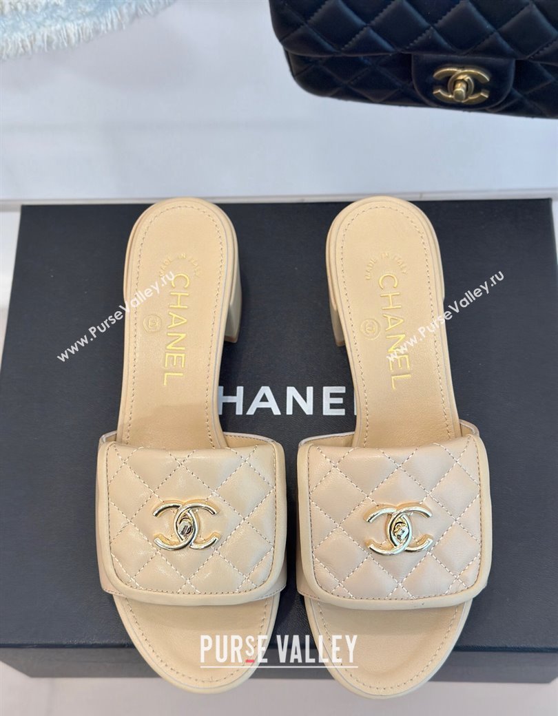 Chanel Lambskin Heel Slides Sandal 5cm with Quilted CC Foldover G45474 Beige 2024 (MD-241120081)