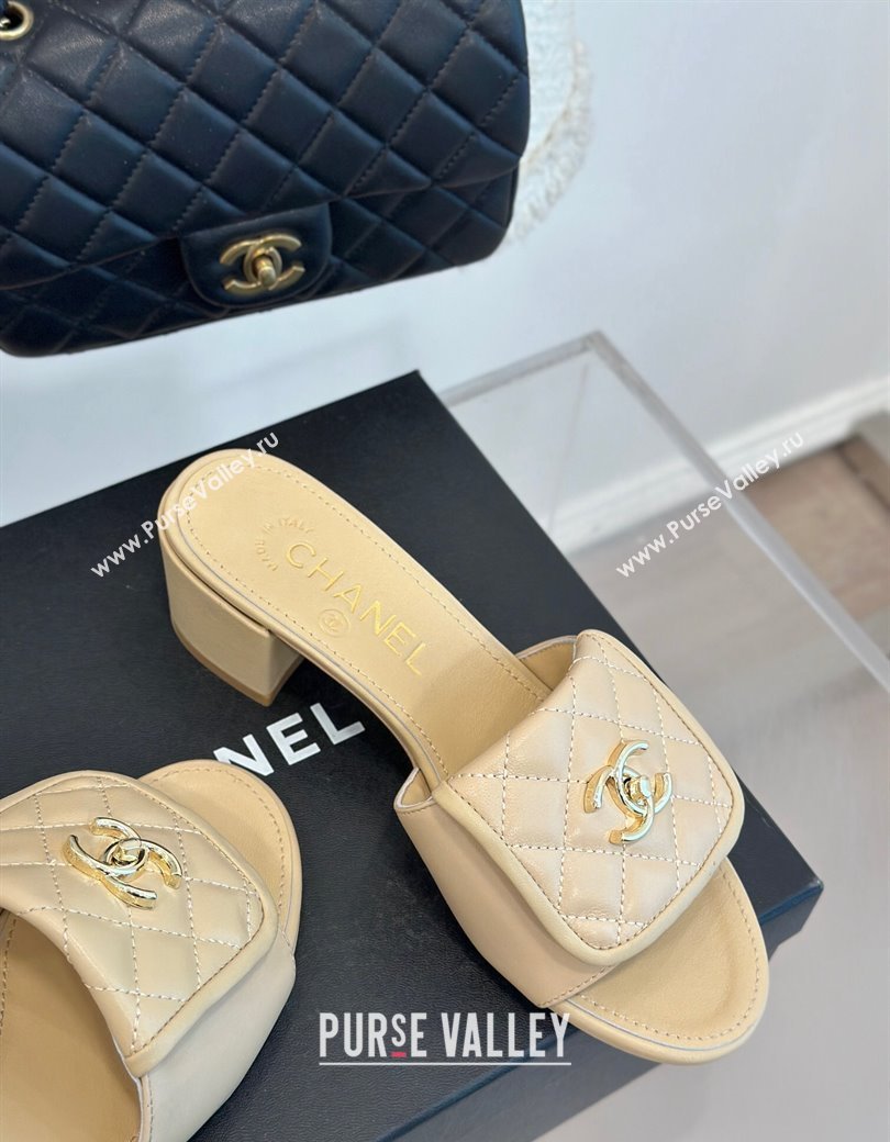 Chanel Lambskin Heel Slides Sandal 5cm with Quilted CC Foldover G45474 Beige 2024 (MD-241120081)