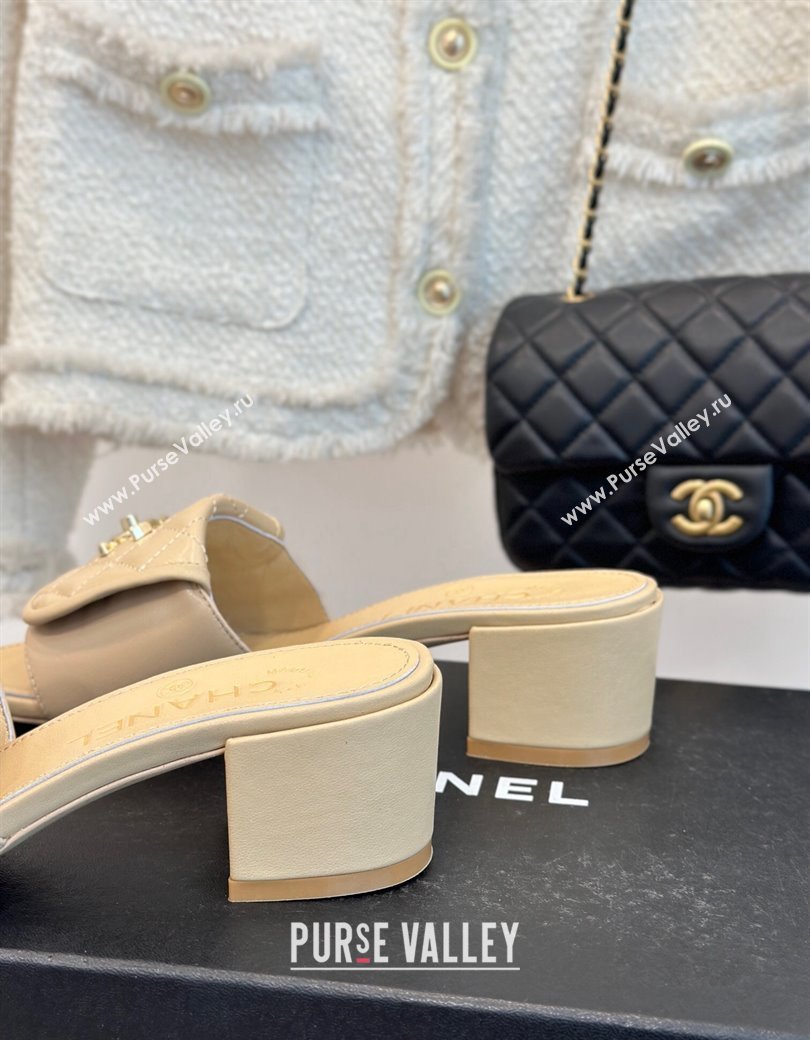 Chanel Lambskin Heel Slides Sandal 5cm with Quilted CC Foldover G45474 Beige 2024 (MD-241120081)