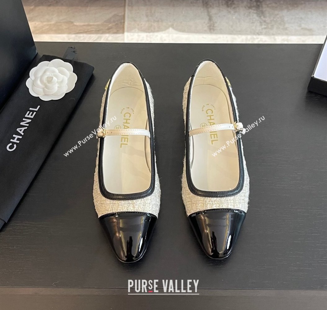 Chanel Tweed Patent Calfskin Mary Janes Ballet Flats G46001 White/Black 2024 (SS-241121133)