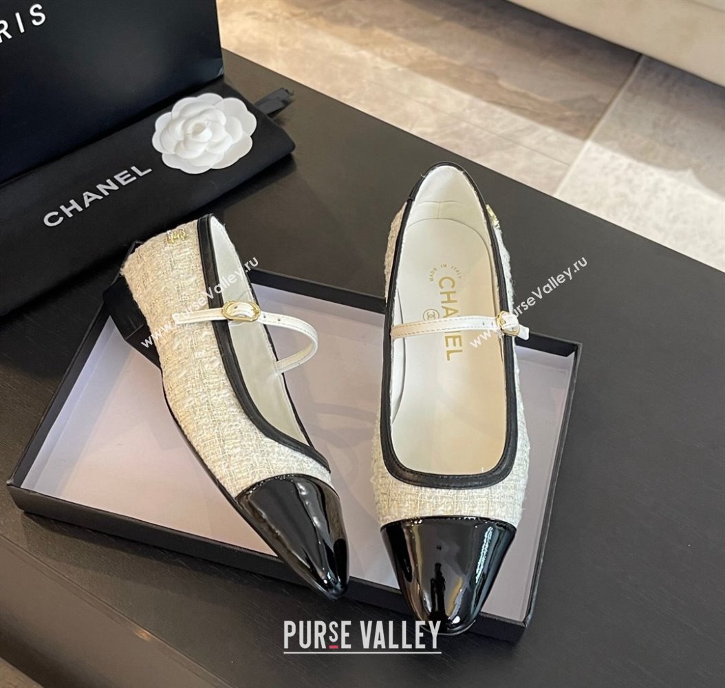 Chanel Tweed Patent Calfskin Mary Janes Ballet Flats G46001 White/Black 2024 (SS-241121133)