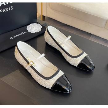 Chanel Tweed Patent Calfskin Mary Janes Ballet Flats G46001 White/Black 2024 (SS-241121133)