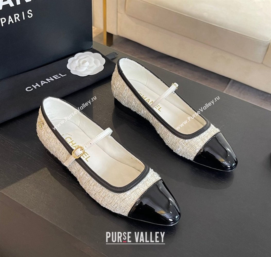 Chanel Tweed Patent Calfskin Mary Janes Ballet Flats G46001 White/Black 2024 (SS-241121133)