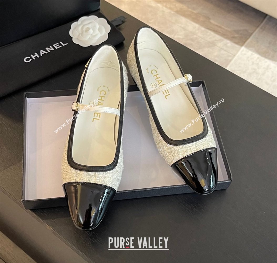 Chanel Tweed Patent Calfskin Mary Janes Ballet Flats G46001 White/Black 2024 (SS-241121133)