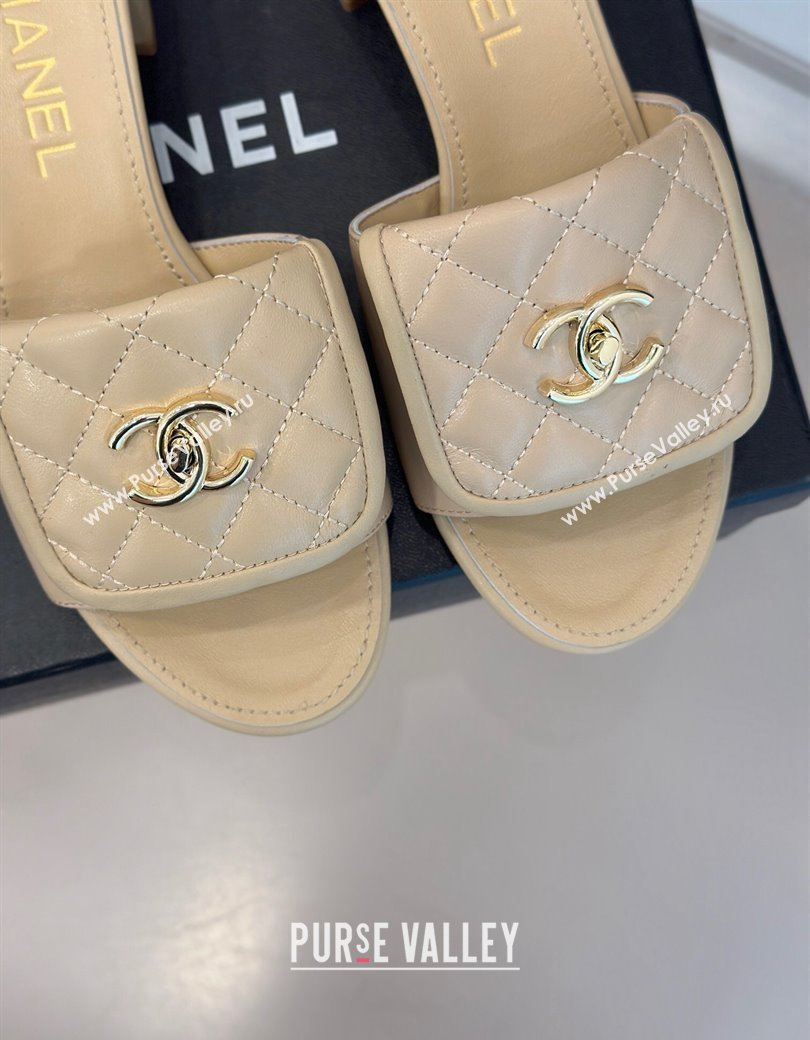 Chanel Lambskin Heel Slides Sandal 5cm with Quilted CC Foldover G45474 Beige 2024 (MD-241120081)