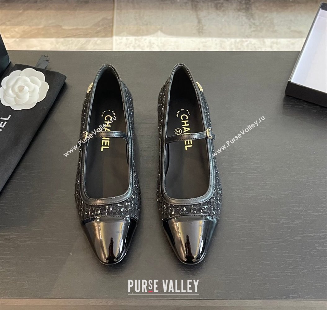 Chanel Tweed Patent Calfskin Mary Janes Ballet Flats G46001 Black/Sequins 2024 (SS-241121134)