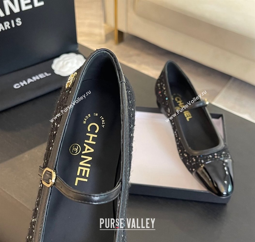 Chanel Tweed Patent Calfskin Mary Janes Ballet Flats G46001 Black/Sequins 2024 (SS-241121134)