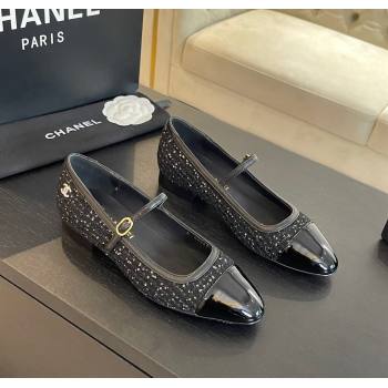 Chanel Tweed Patent Calfskin Mary Janes Ballet Flats G46001 Black/Sequins 2024 (SS-241121134)