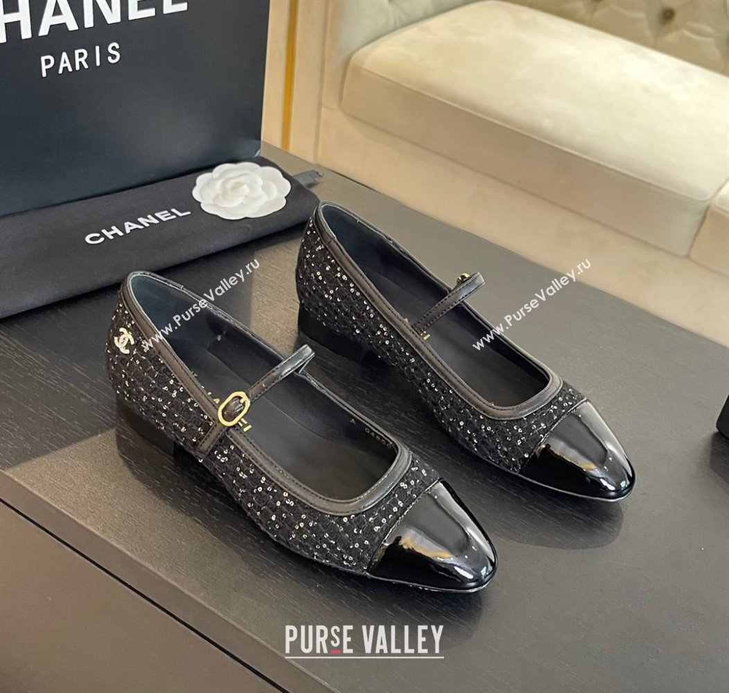 Chanel Tweed Patent Calfskin Mary Janes Ballet Flats G46001 Black/Sequins 2024 (SS-241121134)