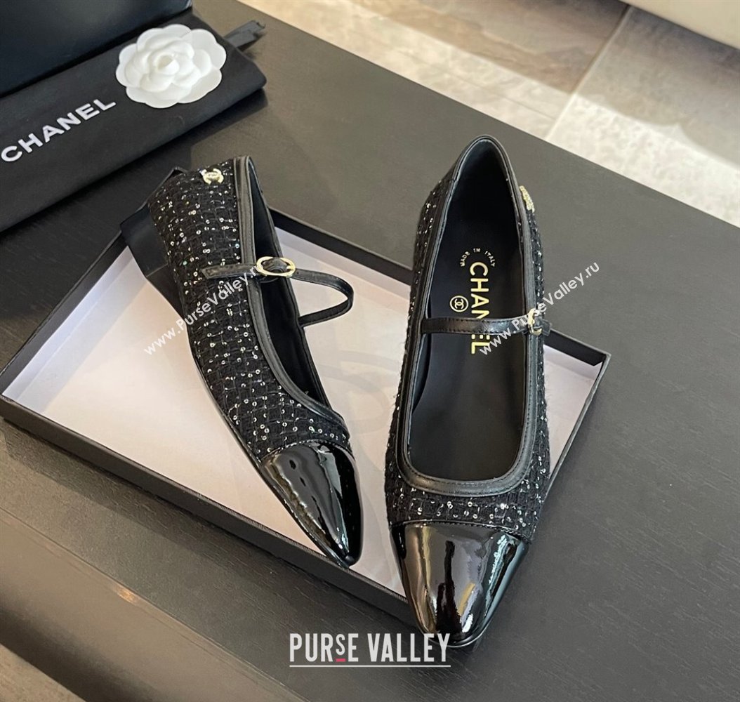 Chanel Tweed Patent Calfskin Mary Janes Ballet Flats G46001 Black/Sequins 2024 (SS-241121134)