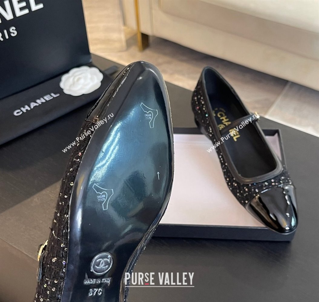 Chanel Tweed Patent Calfskin Mary Janes Ballet Flats G46001 Black/Sequins 2024 (SS-241121134)