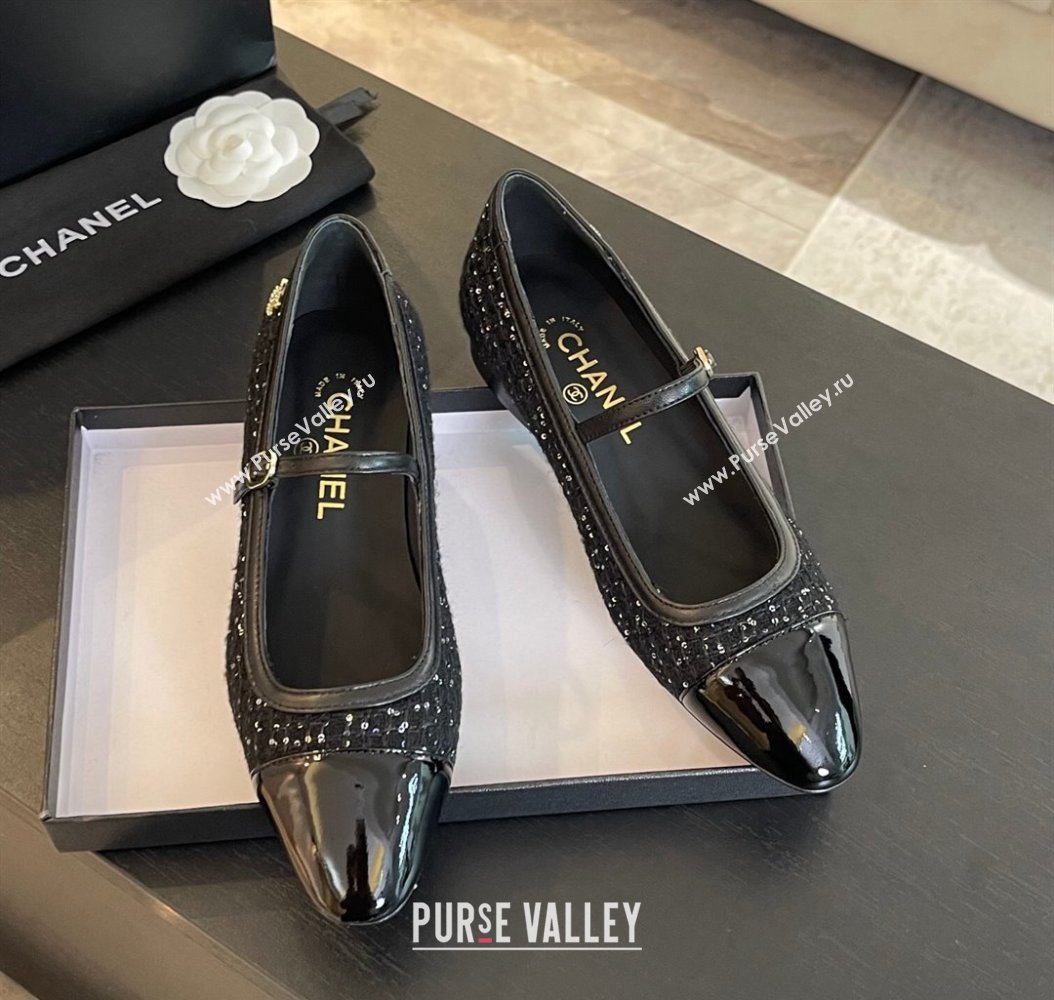 Chanel Tweed Patent Calfskin Mary Janes Ballet Flats G46001 Black/Sequins 2024 (SS-241121134)