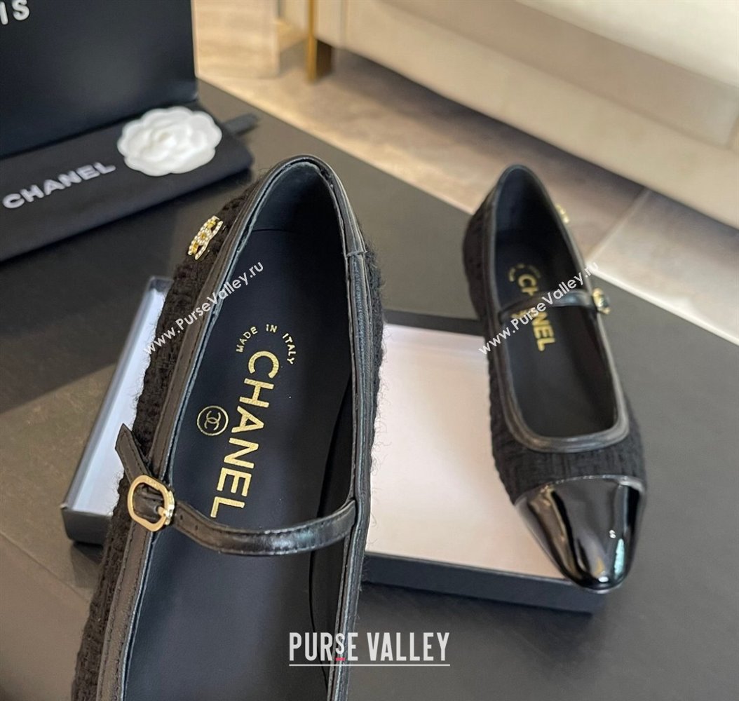 Chanel Tweed Patent Calfskin Mary Janes Ballet Flats G46001 Black2 2024 (SS-241121135)