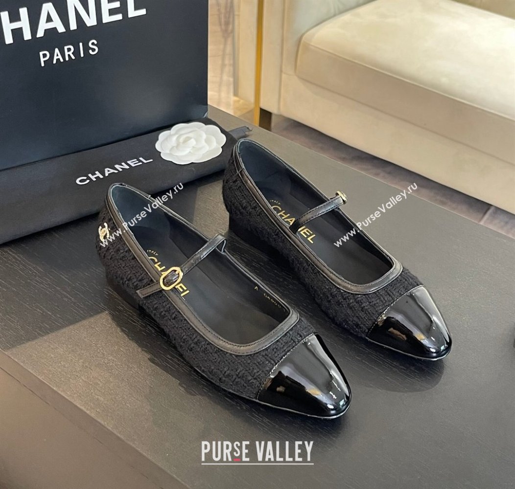 Chanel Tweed Patent Calfskin Mary Janes Ballet Flats G46001 Black2 2024 (SS-241121135)