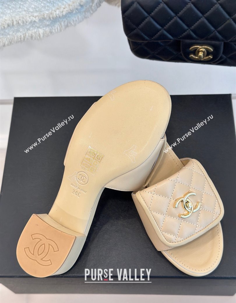 Chanel Lambskin Heel Slides Sandal 5cm with Quilted CC Foldover G45474 Beige 2024 (MD-241120081)