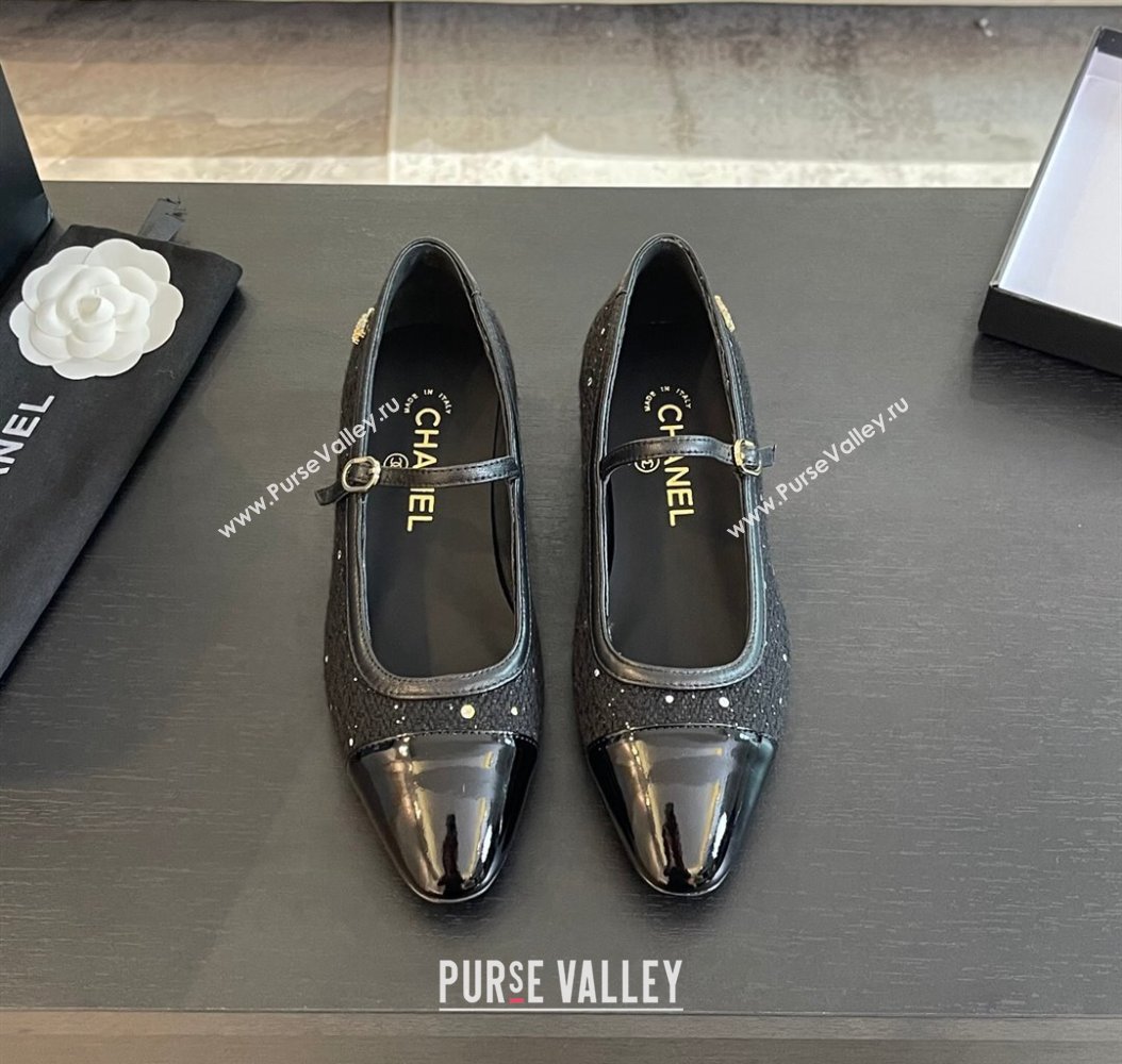 Chanel Tweed Patent Calfskin Mary Janes Ballet Flats G46001 Black/Sequins 2024 (SS-241121136)