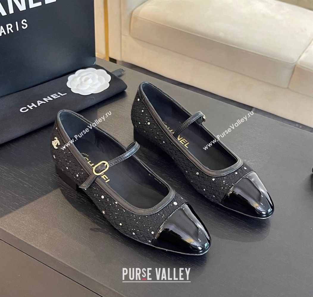 Chanel Tweed Patent Calfskin Mary Janes Ballet Flats G46001 Black/Sequins 2024 (SS-241121136)