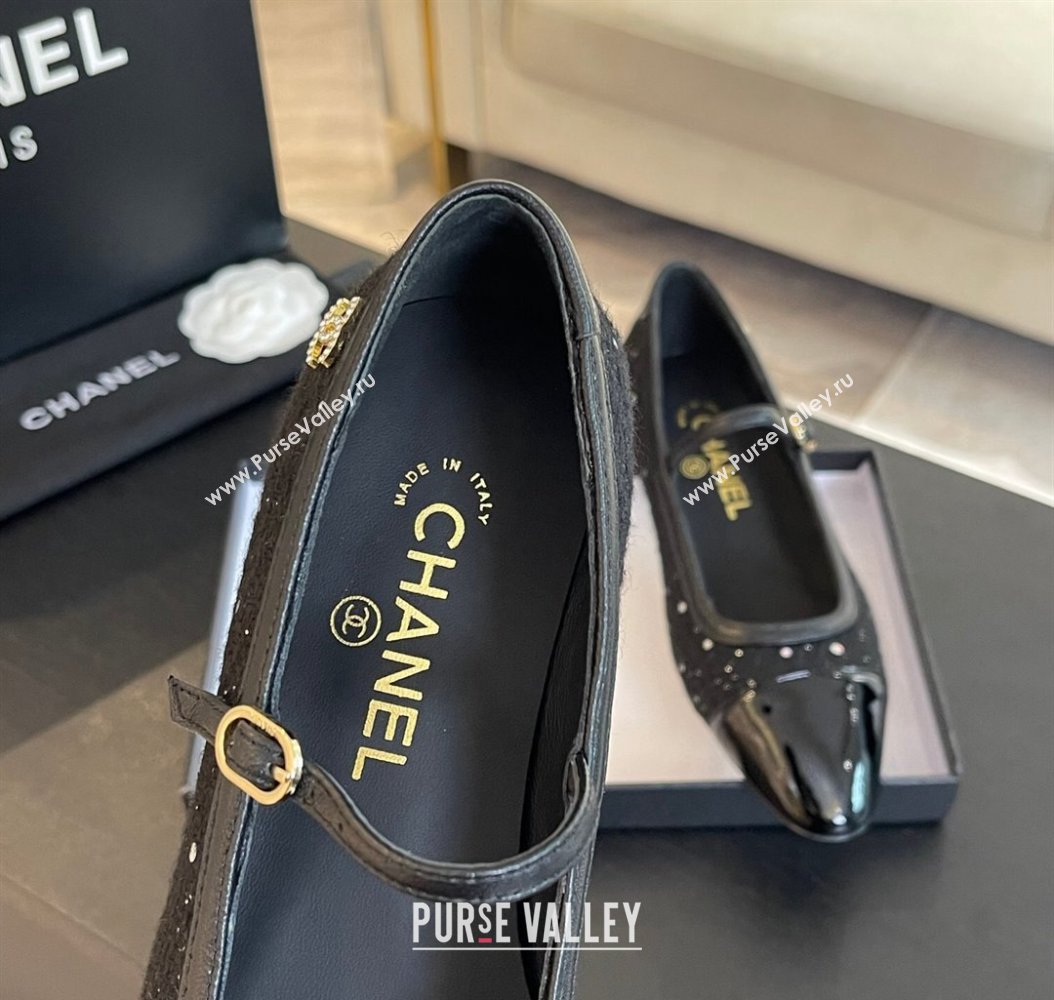 Chanel Tweed Patent Calfskin Mary Janes Ballet Flats G46001 Black/Sequins 2024 (SS-241121136)